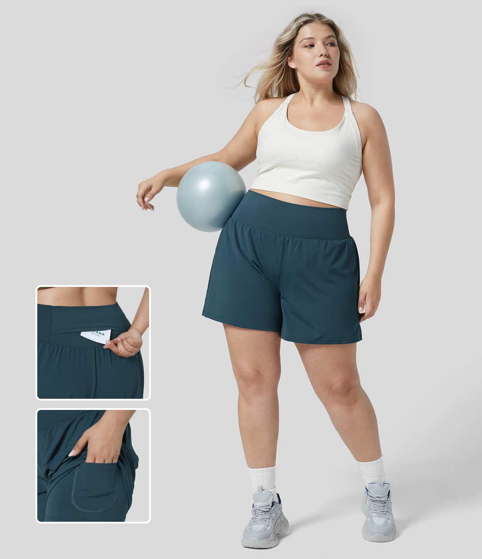 Super High Waisted Back Pocket & Side Hidden Pocket 2-in-1 Yoga Plus Size Shorts 4''-Longer Length