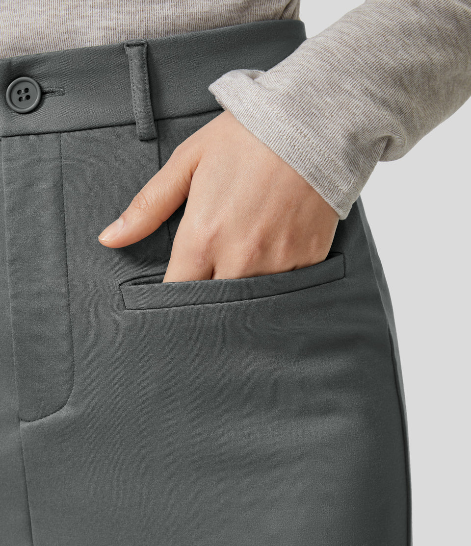 High Waisted Button Zipper Front Side Pocket Split Bodycon Midi Work Skirt