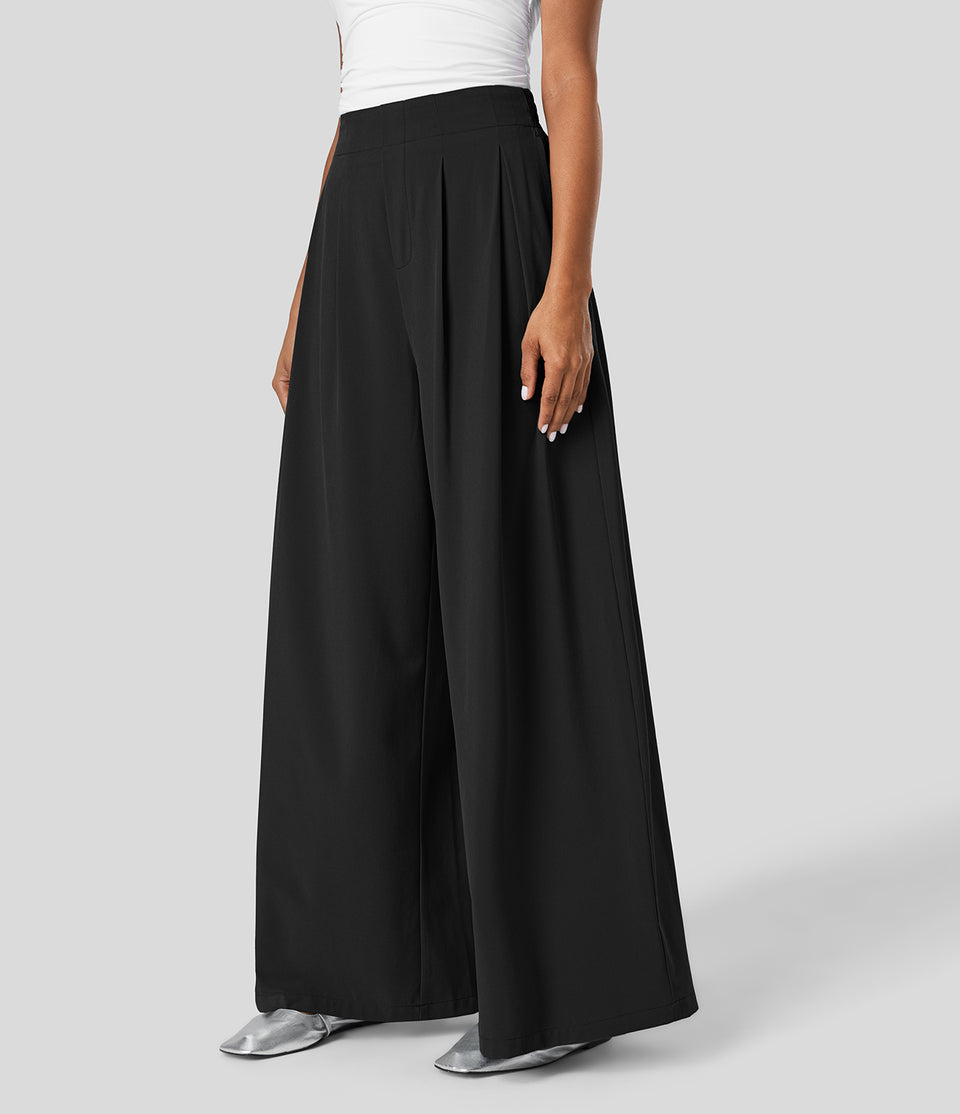 Breezeful™ High Waisted Plicated Side Pocket Shirred Wide Leg Flowy Solid Palazzo Quick Dry Casual Pants