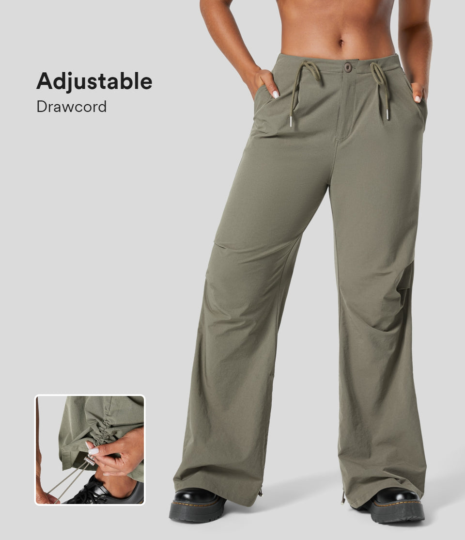 Mid Rise Drawstring Side Pocket Ruched Adjustable Hem Casual Cargo Flare Pants
