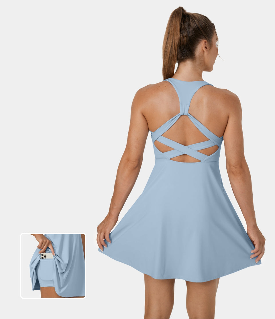 Softlyzero™ Airy Backless Crisscross 2-Piece Pocket Flare Cool Touch Tennis Active Dress-UPF50+