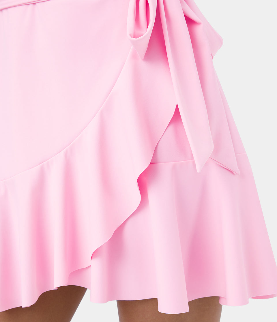 Softlyzero™ Airy Deep V Neck Wrapped Tie Ruffle Hem Mini Wrap Cool Touch Casual Dress-UPF50+