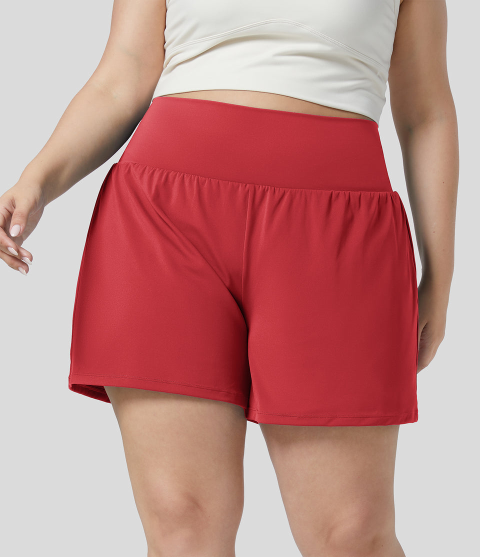 Super High Waisted Back Pocket & Side Hidden Pocket 2-in-1 Yoga Plus Size Shorts 5''-Longer Length