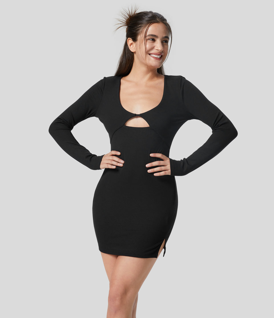 Ribbed Cut Out Long Sleeve Split Bodycon Mini Party Dress