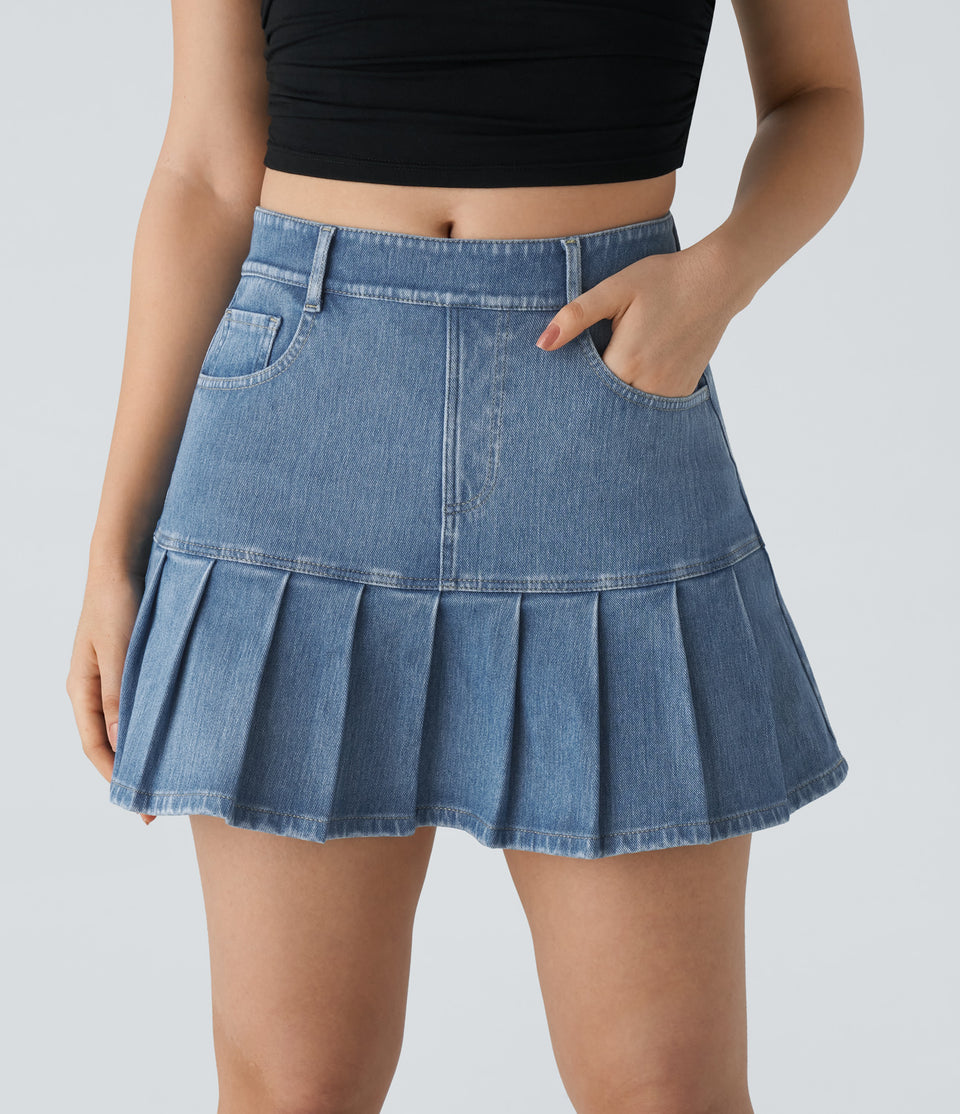 HalaraMagic™ High Waisted Multiple Pockets Pleated Mini Washed Stretchy Knit Denim Casual Skirt