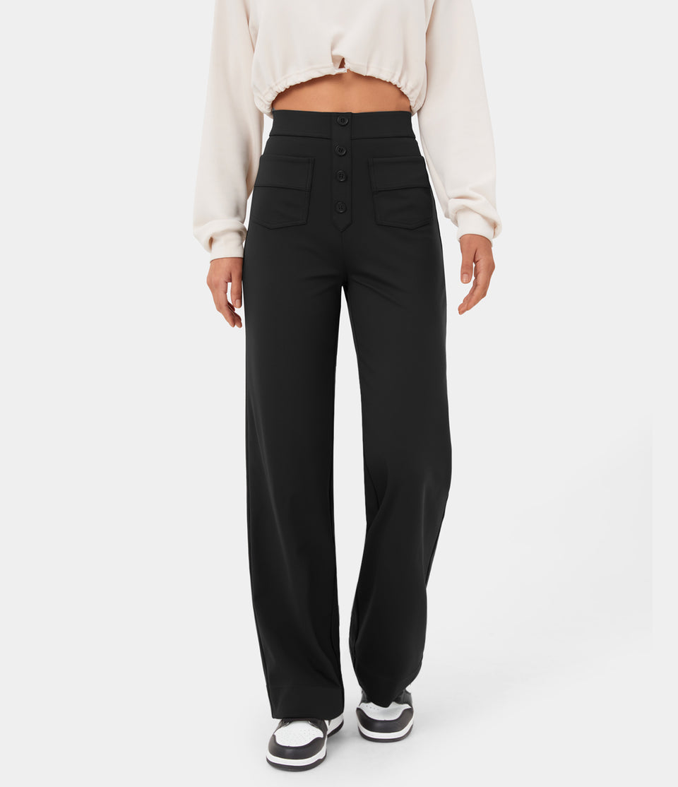 High Waisted Button Multiple Pockets Straight Leg Casual Pants