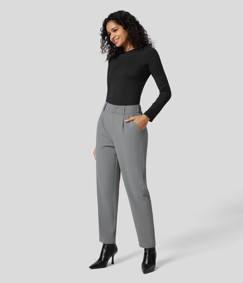 High Waisted Side Pocket Solid Work Tapered Suit Pants