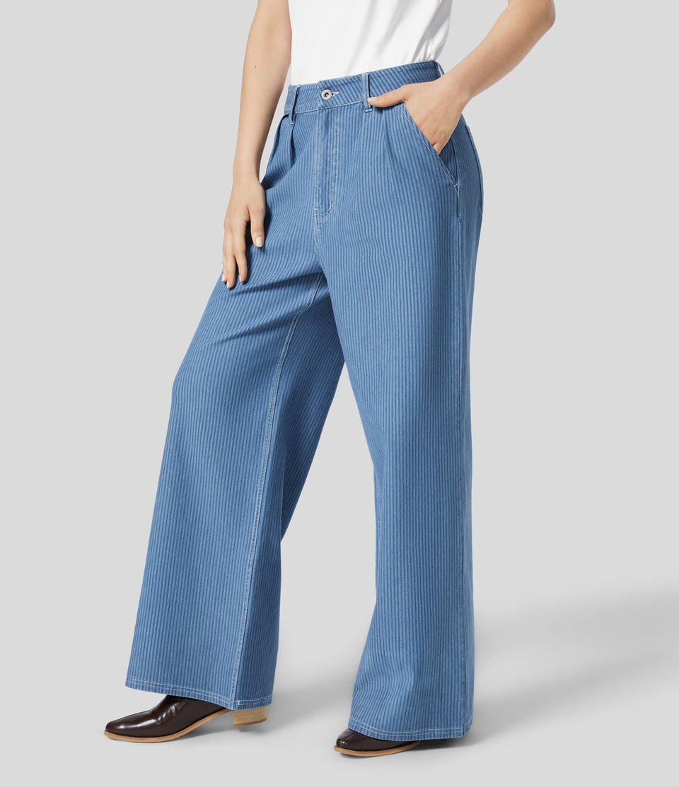 HalaraMagic™ High Waisted Multiple Pockets Striped Washed Stretchy Knit Casual Wide Leg Jeans