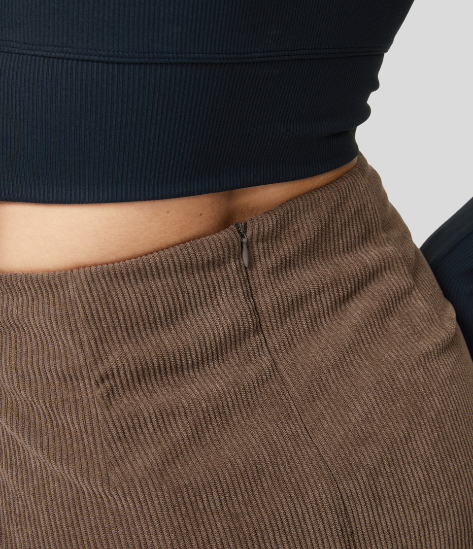 High Waisted Back Zipper Split Hem 2-in-1 Corduroy Casual Skirt