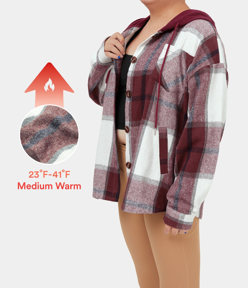 Hooded Drawstring Button Side Pocket Plaid Fleece Plus Size Casual Jacket