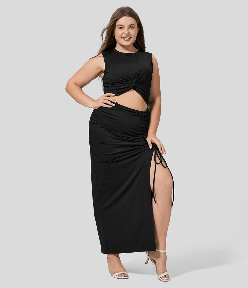Round Neck Twisted Cut Out Ruched Drawstring Split Hem Bodycon Midi Casual Plus Size Dress