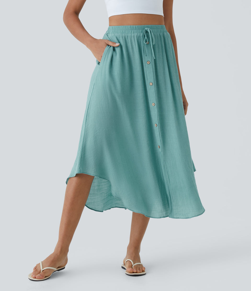 High Waisted Drawstring Button Side Pocket Flowy Midi Casual Skirt