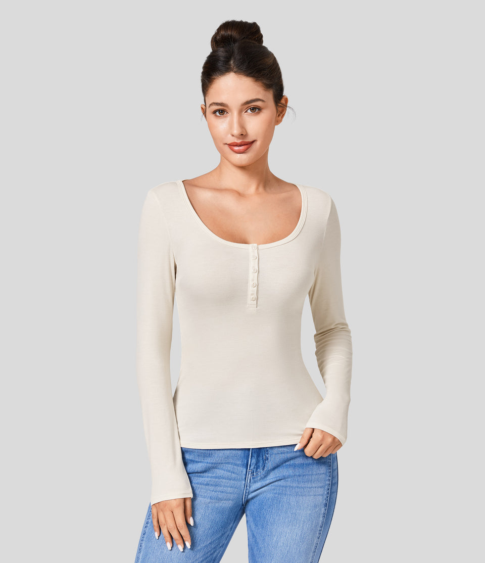 Ribbed Henley Neck Long Sleeve Slim Casual Top