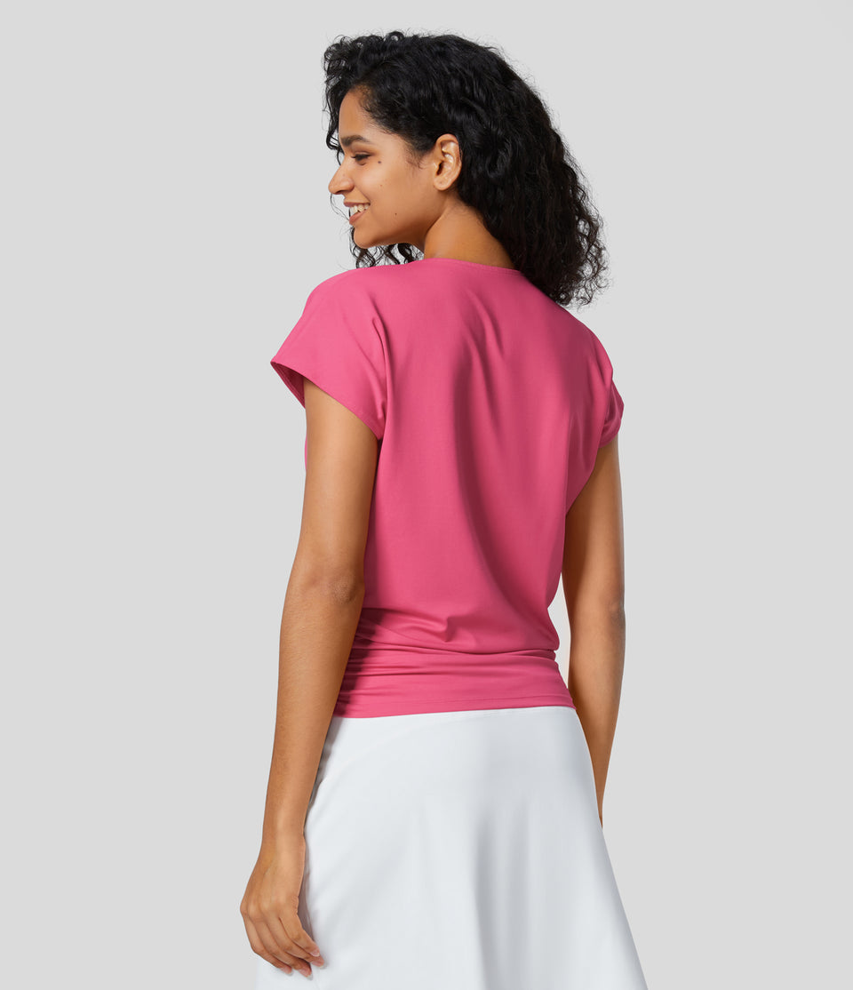 V Neck Cap Sleeve Crossover Ruched Solid Work Blouse