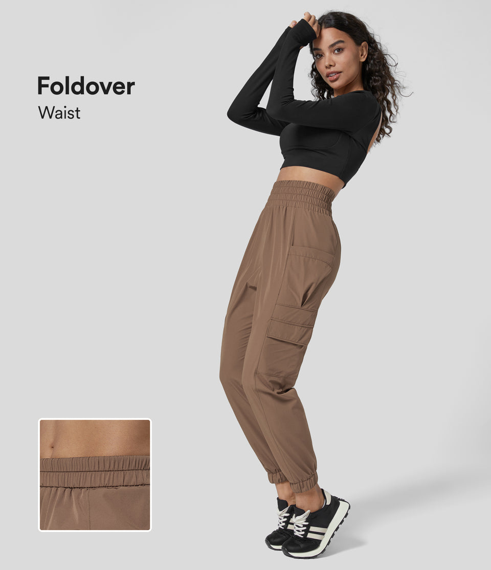 Super High Waisted Foldover Plicated Multiple Pockets Hiking Cargo Joggers