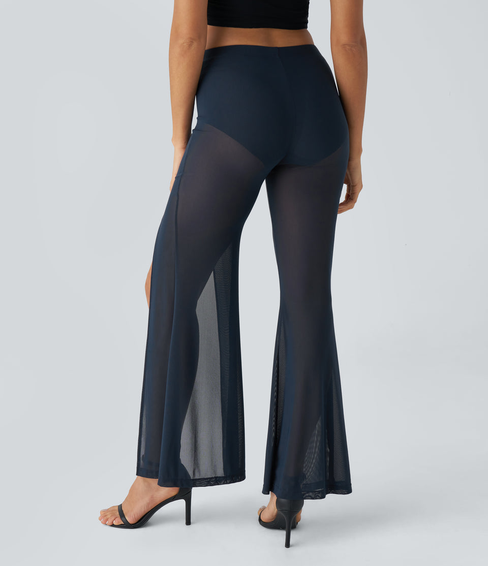 High Waisted 2-in-1 High Split Mesh Flare Casual Pants