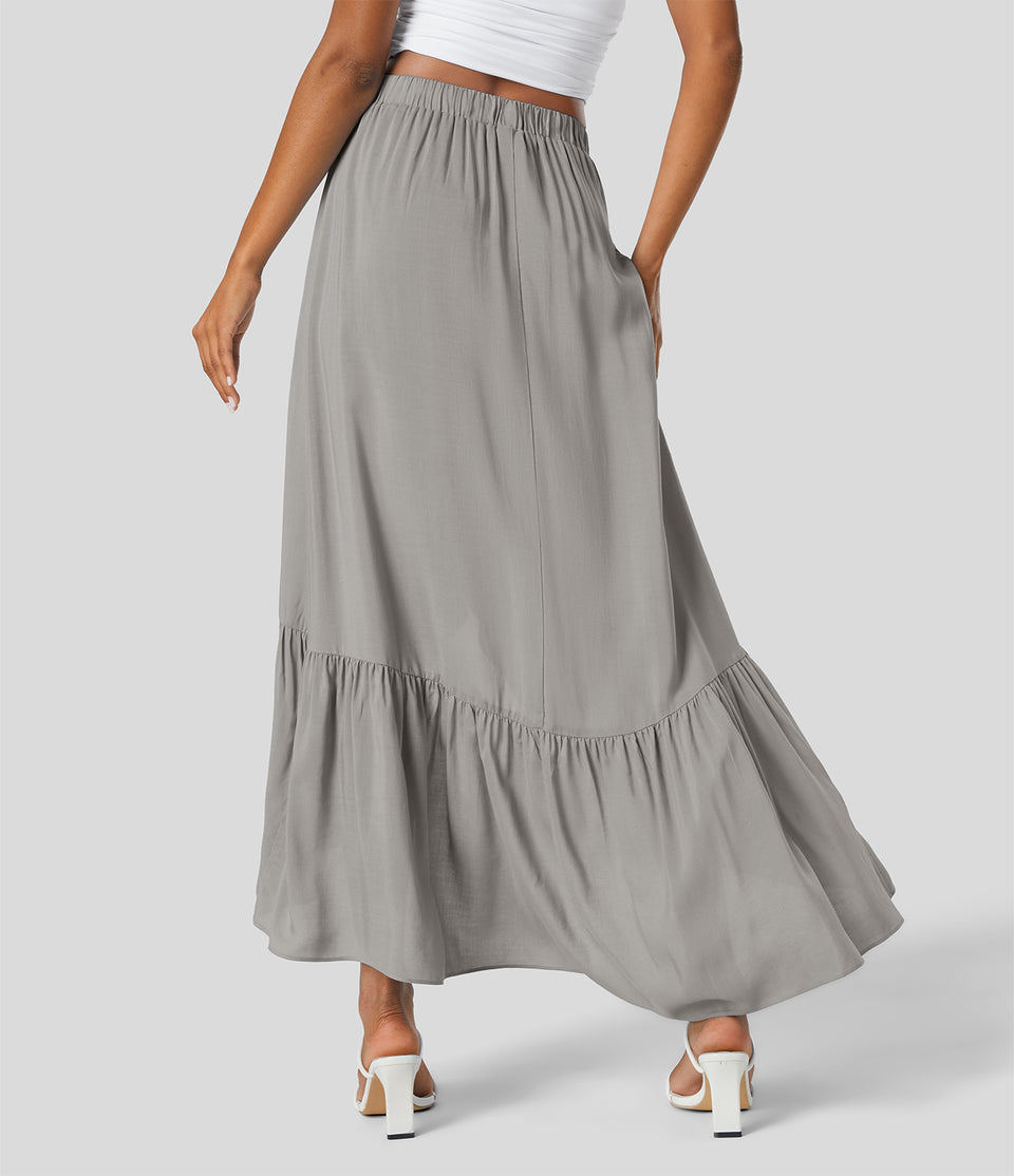 High Waisted Plicated High Low Ruffle Hem Flowy Maxi Resort Skirt