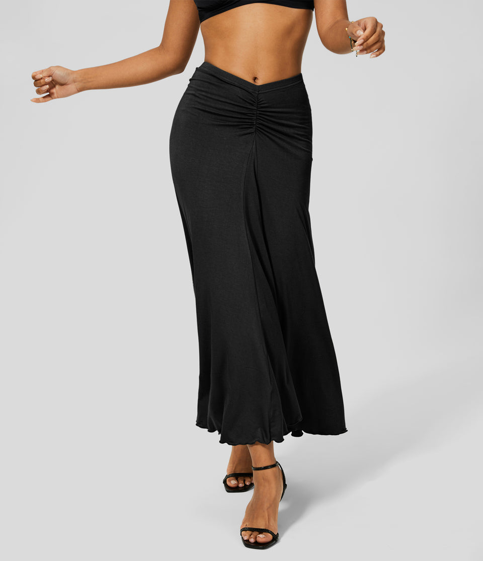 Low Rise V Shaped Ruched Ruffle Maxi Casual Skirt