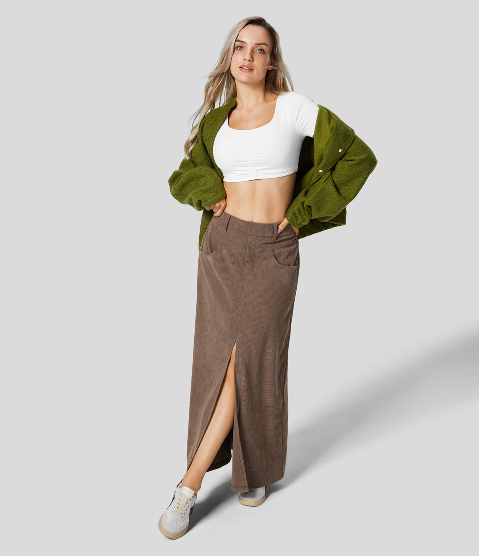 Mid Rise Elastic Waistband Multiple Pockets Split Hem Maxi Corduroy Work Skirt