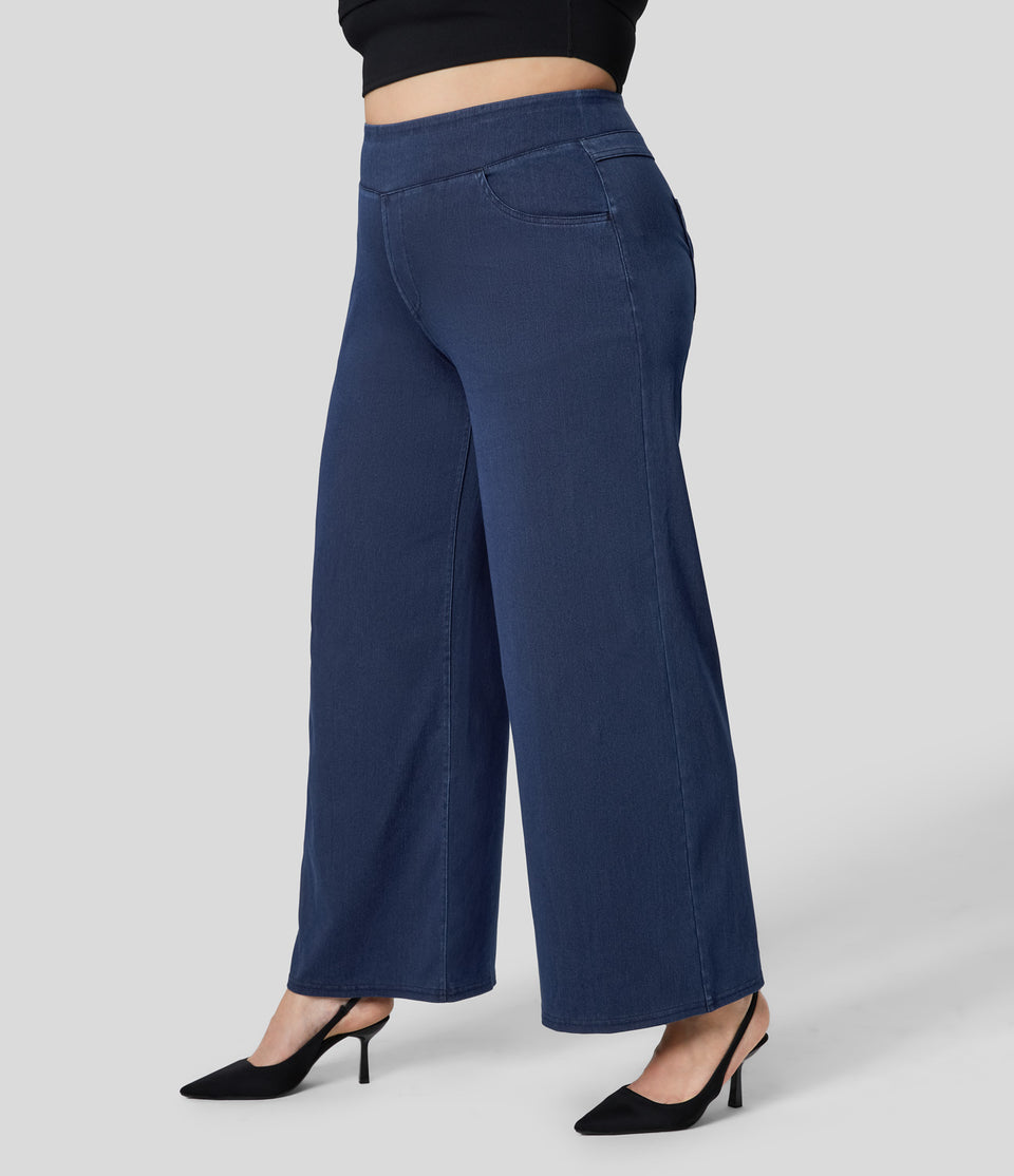HalaraMagic™ High Waisted Multiple Pockets Straight Leg Stretchy Knit Plus Size Work Jeans
