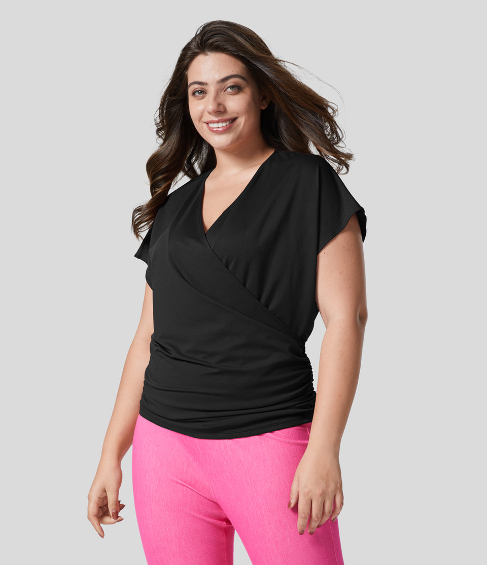 V Neck Cap Sleeve Crossover Ruched Solid Work Plus Size Blouse