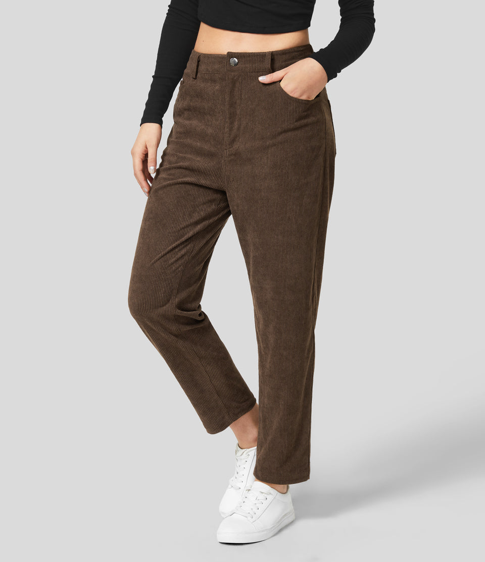 High Waisted Button Zipper Multiple Pockets Corduroy Ankle Length Casual Pants