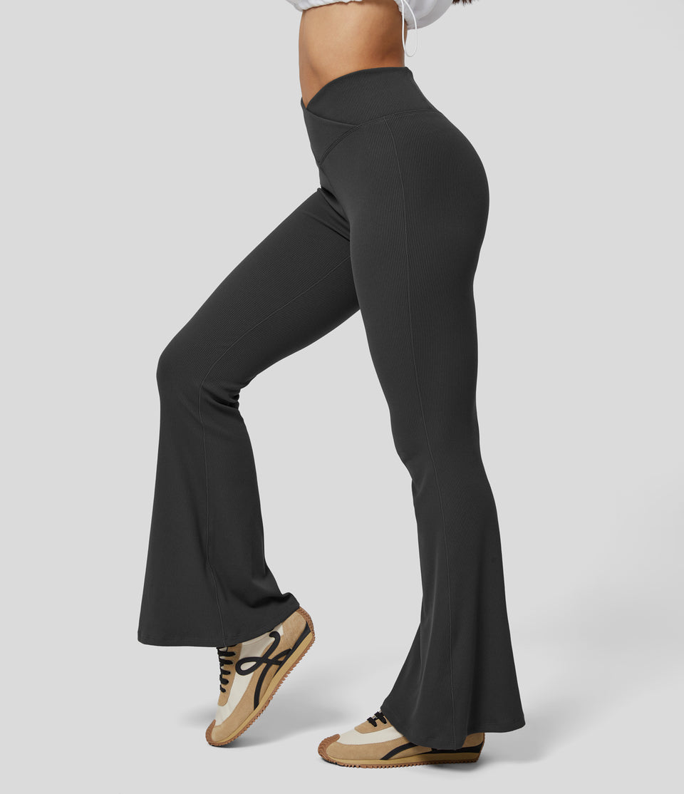 Softlyzero™ Ribbed Crossover High Waisted Back Pocket Solid Yoga Flare Leggings