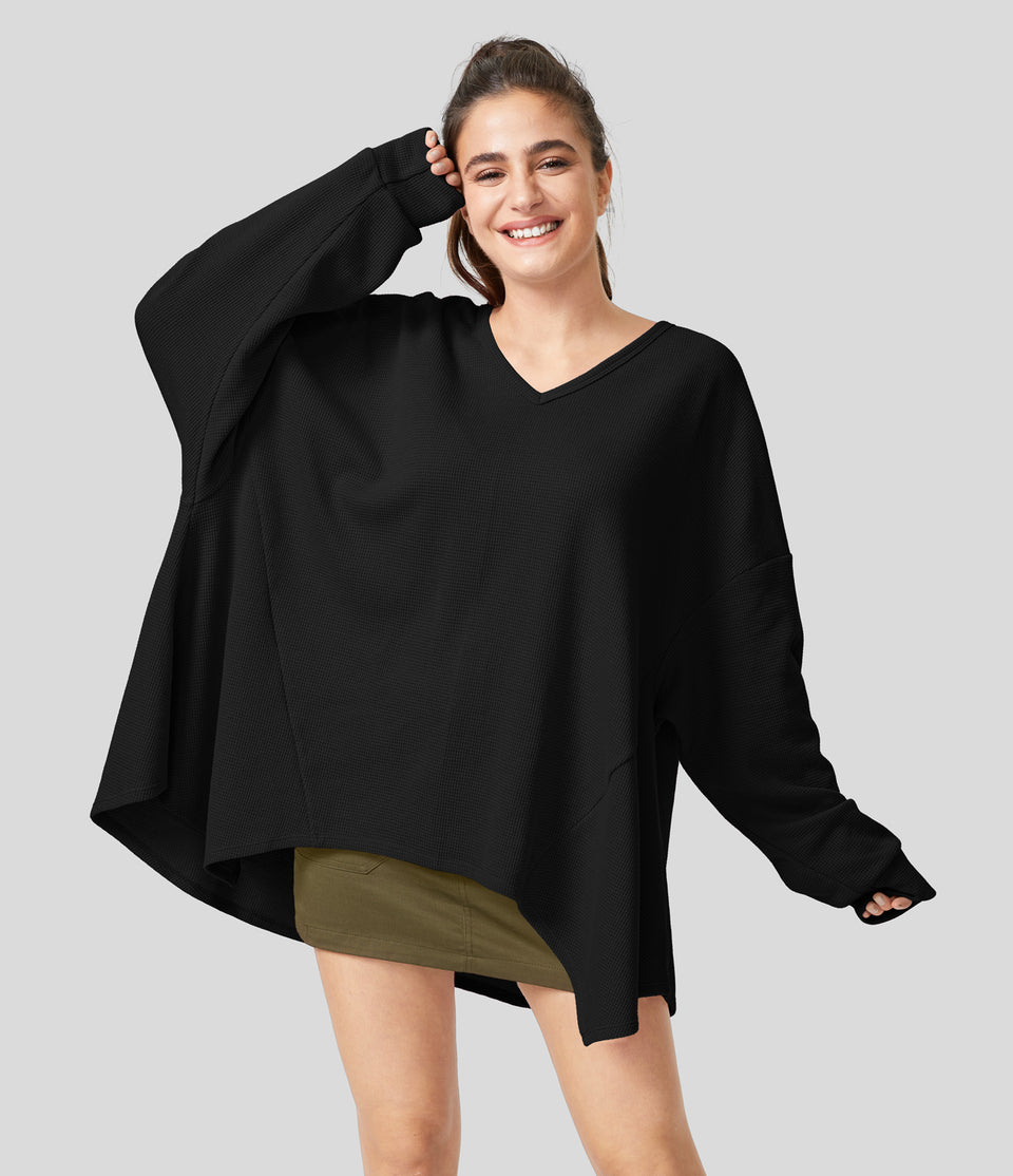 Oversize V Neck Long Sleeve Asymmetric Hem Waffle Casual Cotton Sweatshirt