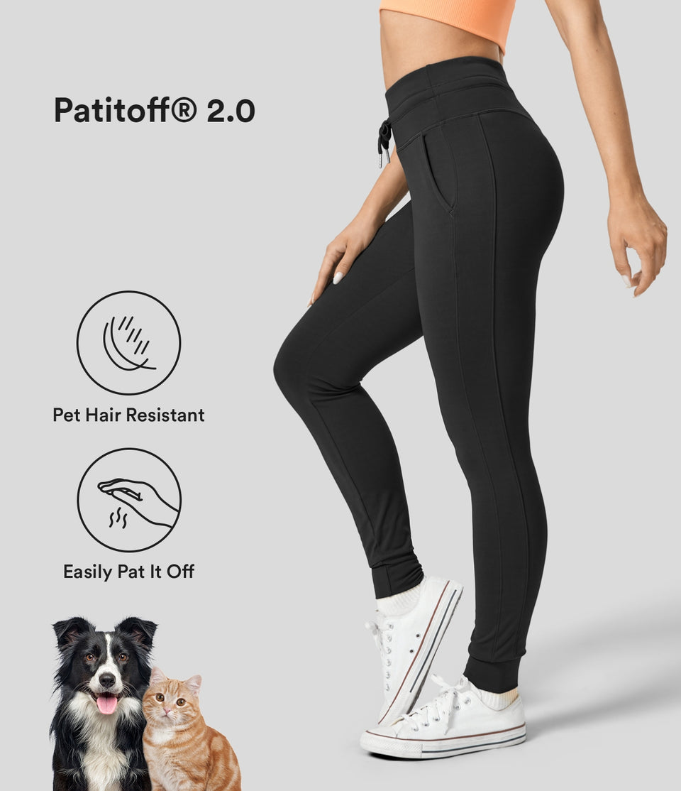 Patitoff® 2.0 Pet Hair Resistant High Waisted Drawstring Side Pocket Plain Full Length Yoga Joggers