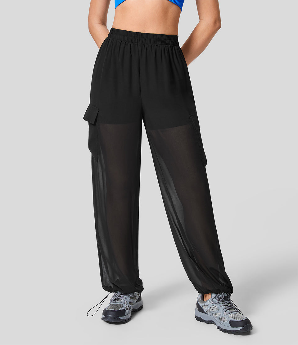 High Waisted Cargo Pocket Contrast Mesh 2-in-1 Adjustable Drawcord Sheer Hiking Joggers