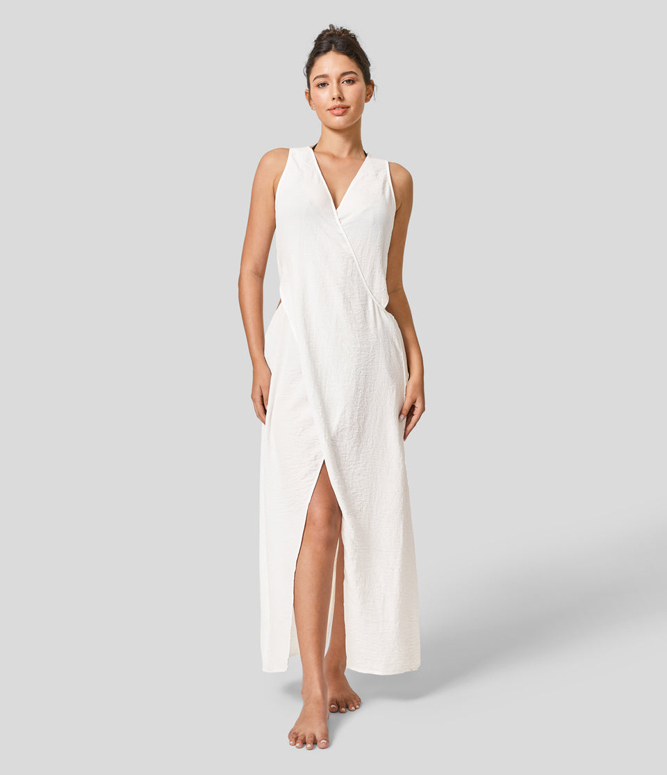 V Neck Sleeveless Cut Out Split Maxi Casual Linen-Feel Dress
