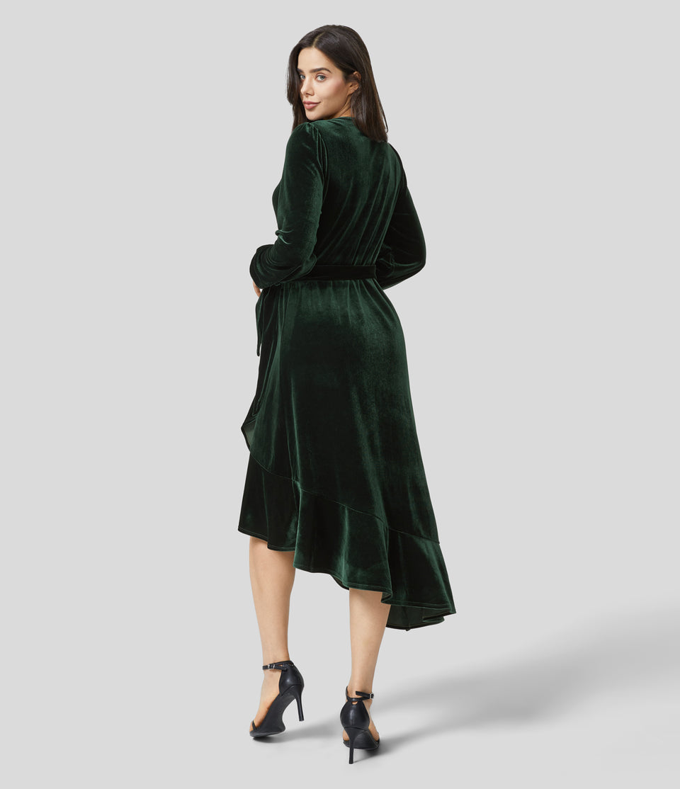 V Neck Wrapped Tie Front Long Sleeve High Low Velvet Midi Casual Dress