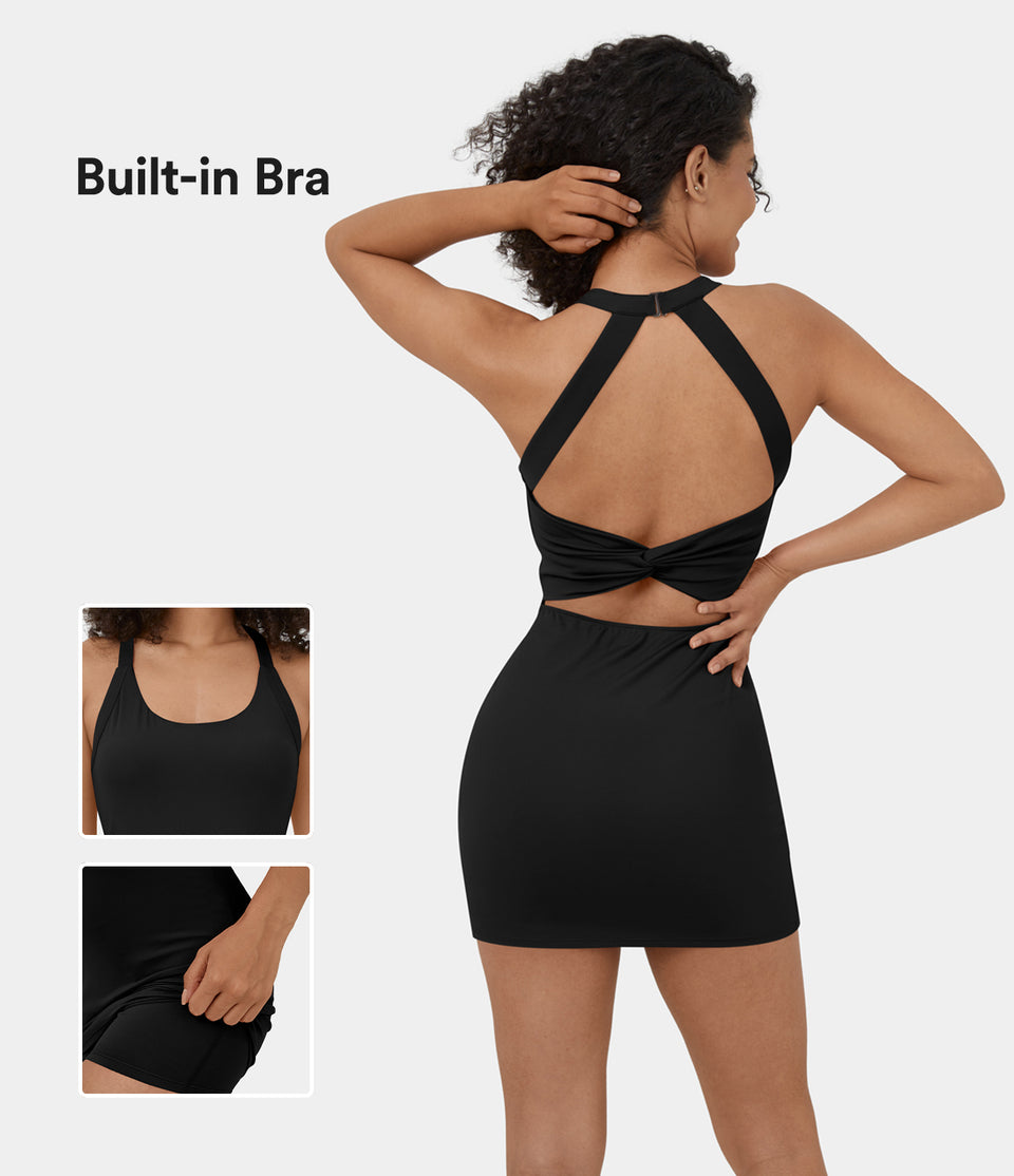 Backless Twisted 2-in-1 Side Pocket Bodycon Mini Yoga Active Dress