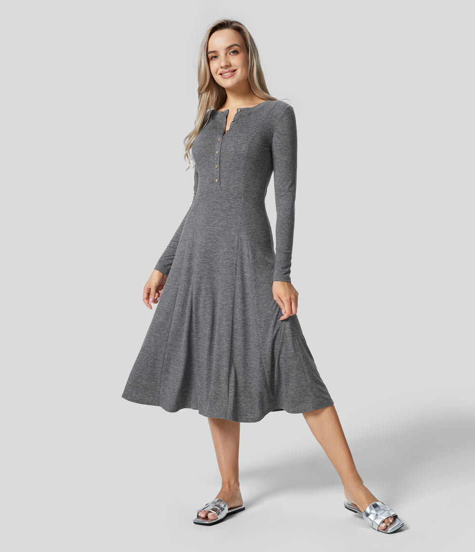 Round Neck Button Long Sleeve Flare Midi Casual Dress