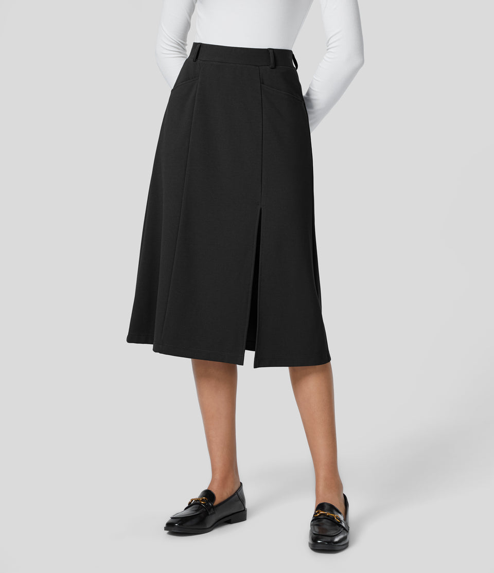 High Waitsed Side Pocket Split Hem Solid Midi Work A-line Skirt