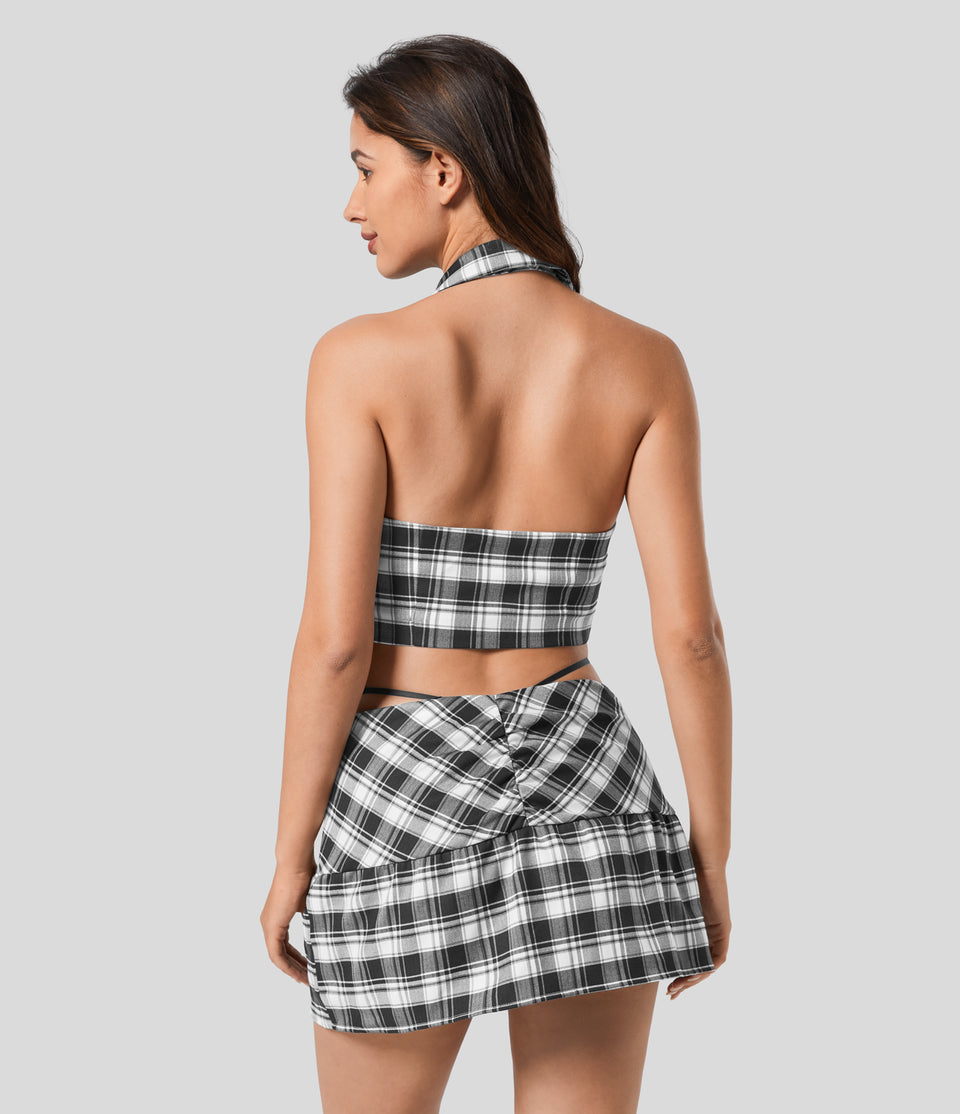 Halter Neck Notched Button Backless Plaid Cropped Casual Tank Top