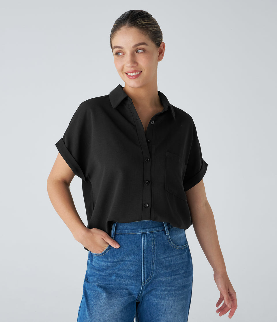 Collared Button Chest Pocket Curved Hem Casual Blouse