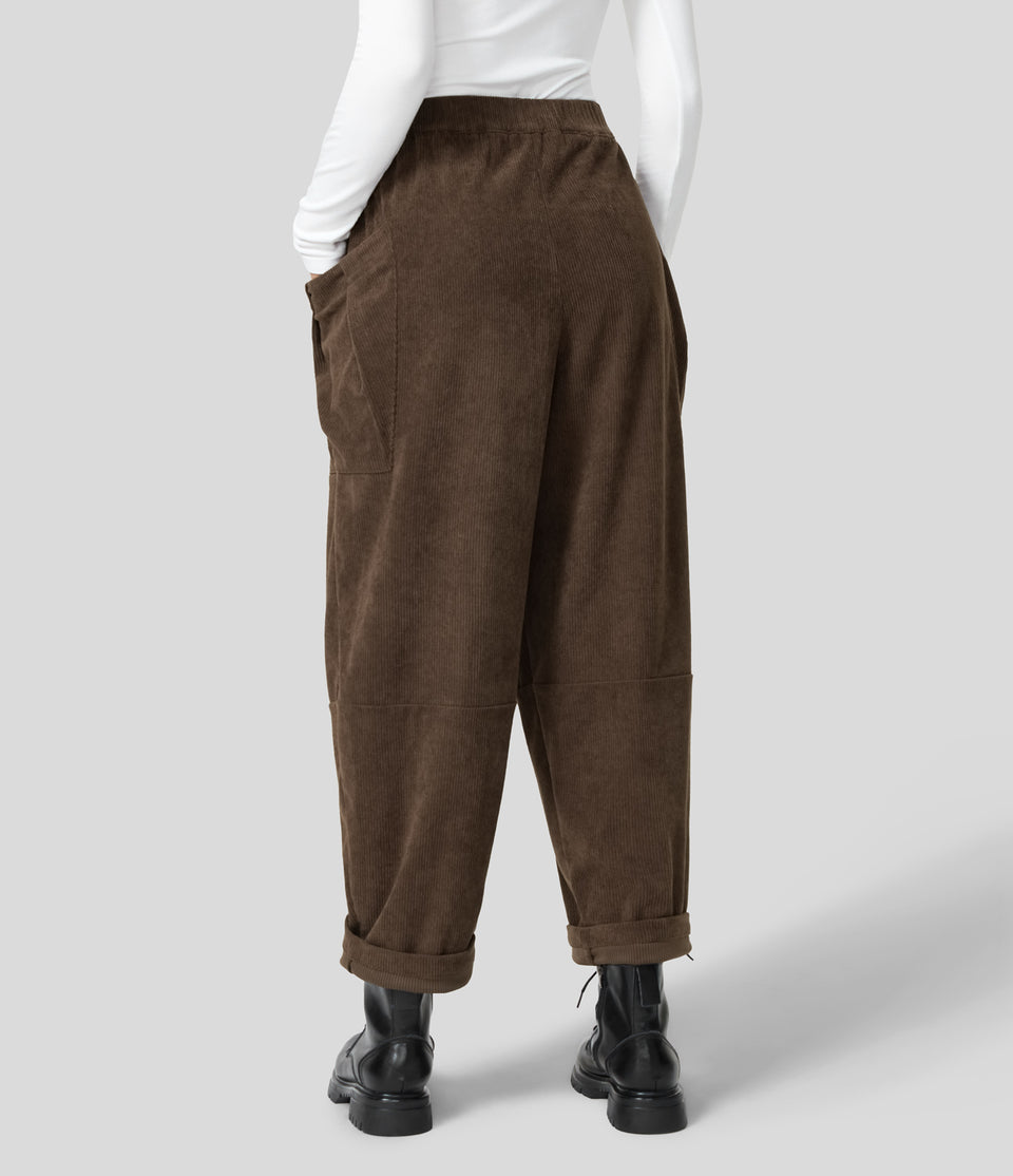 High Waisted Side Pocket Corduroy Casual Pants