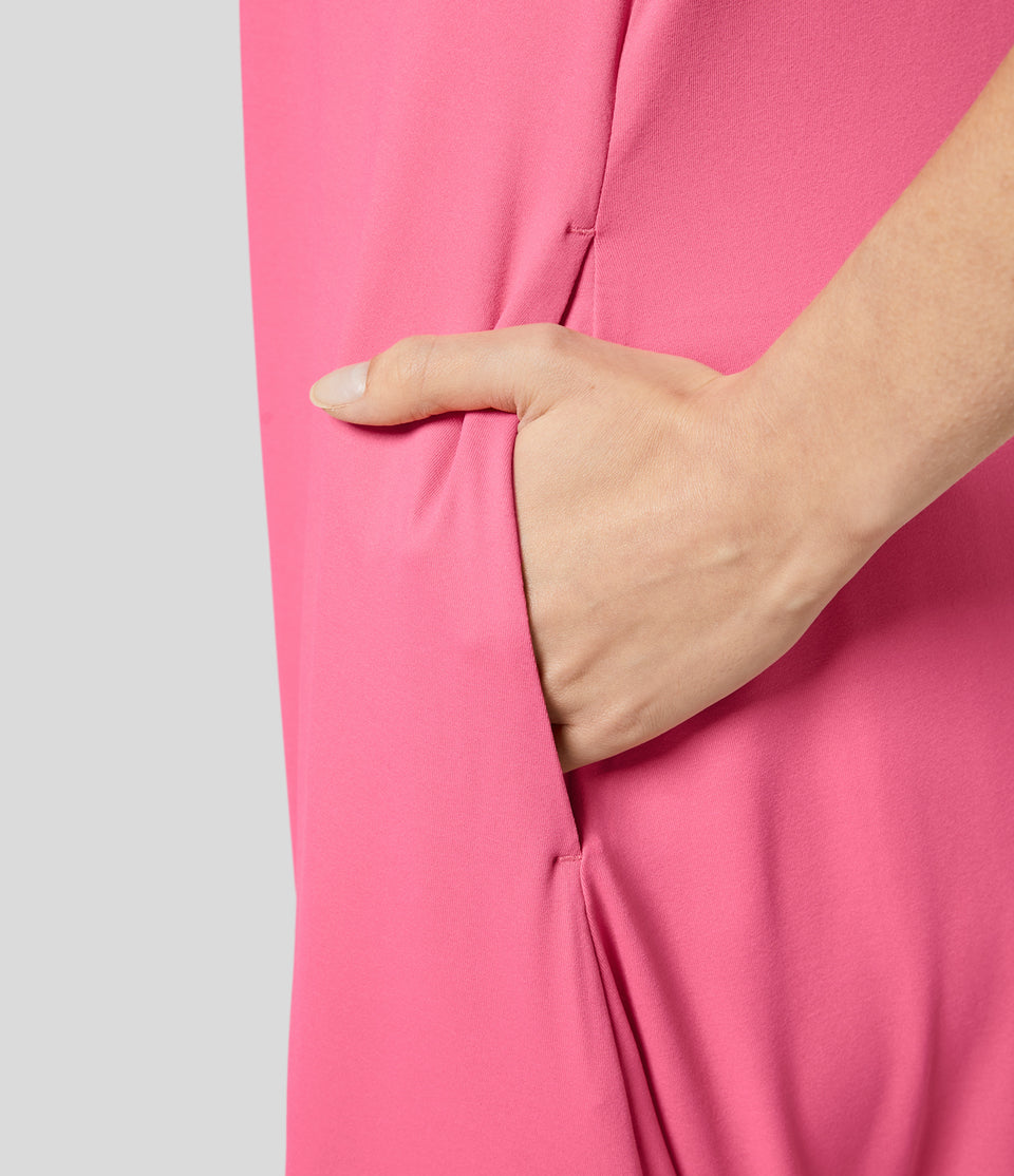 V Neck Short Sleeve Crisscross Side Pocket Drop Crotch Resort Jumpsuit