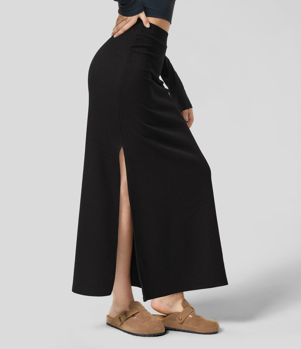 Ribbed High Waisted Split Hem A Line Maxi Casual Skirt
