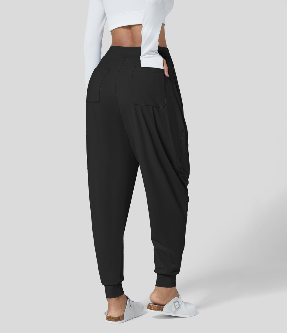 Mid Rise Plicated Multiple Pockets Ankle Length Harem Casual Joggers