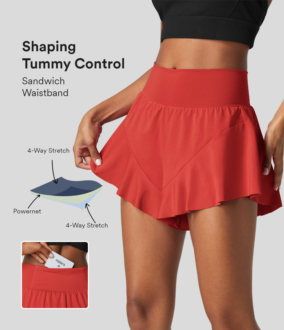 SoCinched High Waisted Tummy Control Back Pocket 2-in-1 Ruffle Hem Yoga Shorts