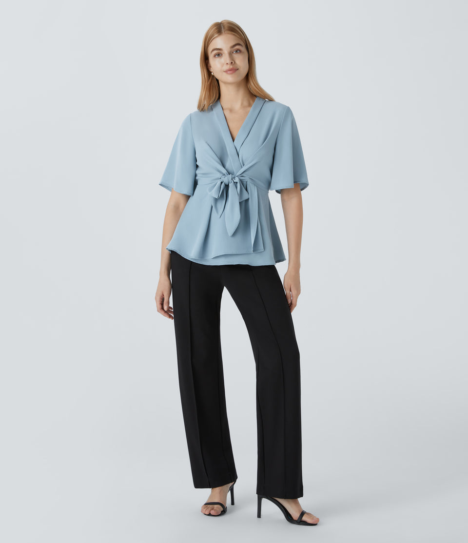 V Neck Short Sleeve Wrapped Tie Front Work Blouse
