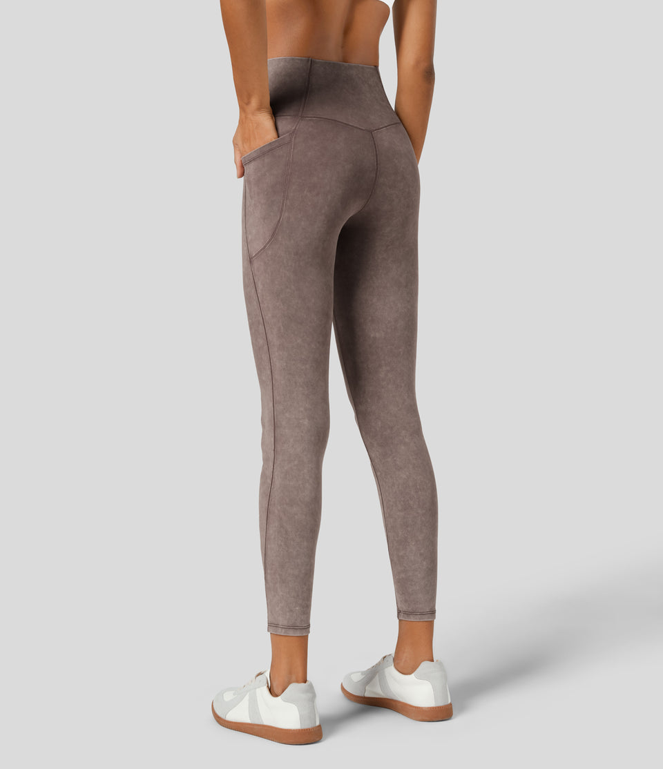 High Waisted Crossover Side Pocket Washed Casual 7/8 Leggings