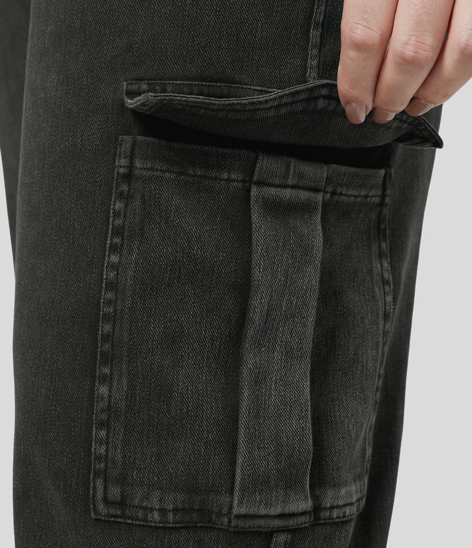 HalaraMagic™ Mid Rise Multiple Pockets Stretchy Knit Straight Leg Plus Size Casual Cargo Jeans