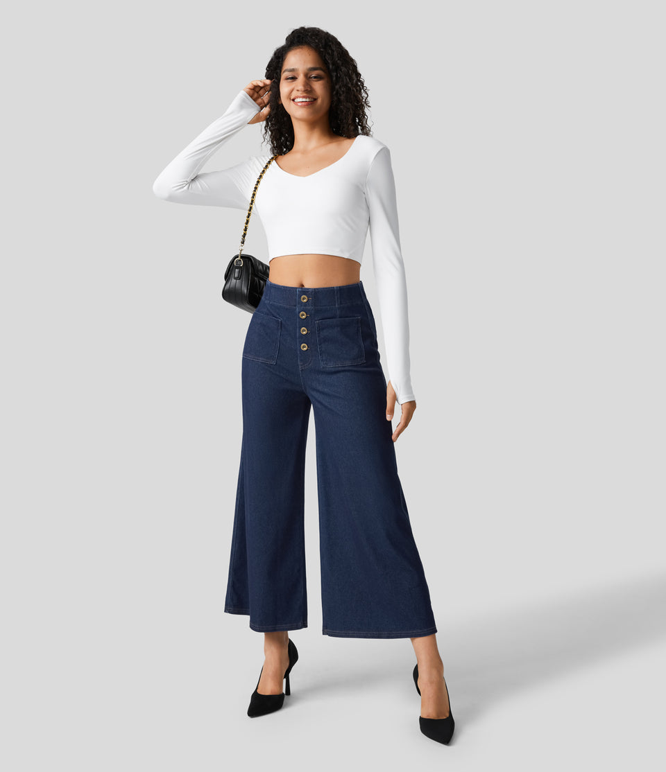 HalaraMagic™ High Waisted Button Pockets Washed Stretchy Knit Casual Wide Leg Jeans