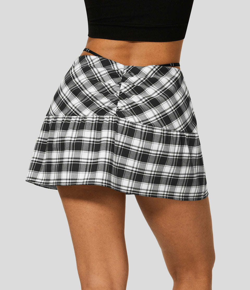 Low Rise Removable Strap Ruched Invisible Zipper 2-in-1 Plaid Mini Casual Skirt