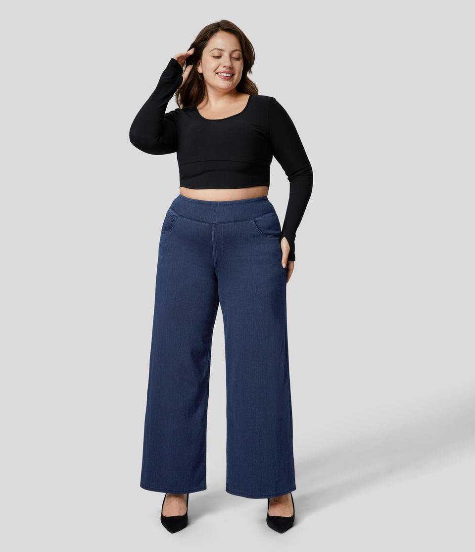 HalaraMagic™ High Waisted Multiple Pockets Straight Leg Stretchy Knit Plus Size Work Jeans