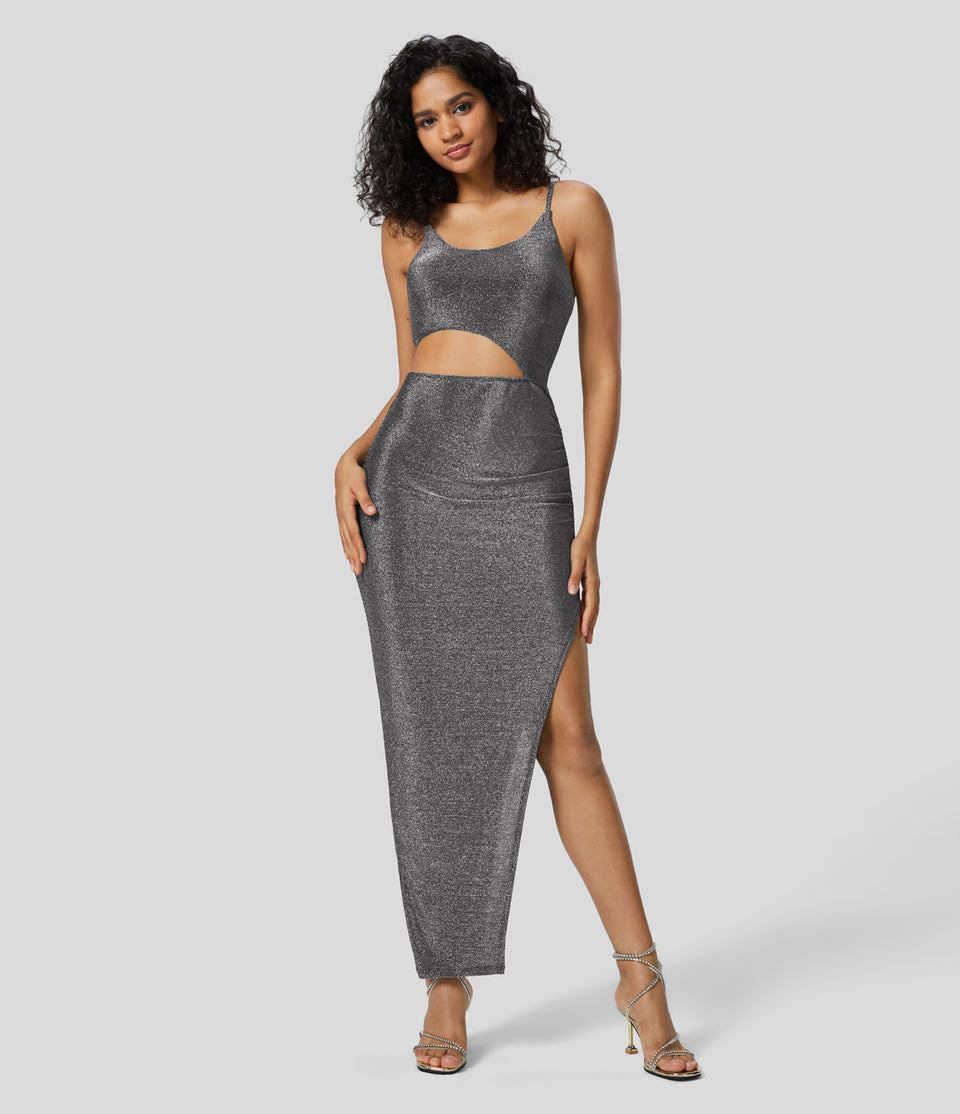 Cut Out Backless Ruched Split Hem Bodycon Maxi Metallic Party Slip Dress