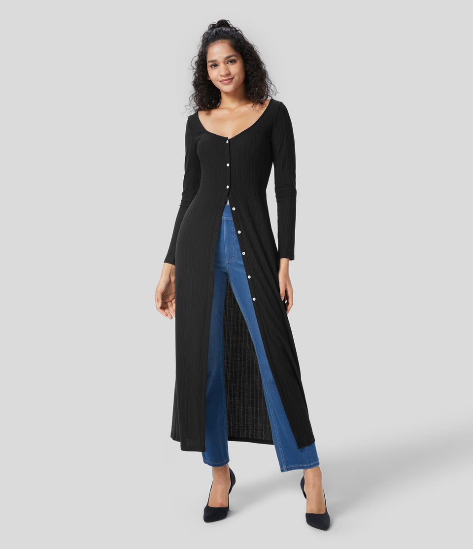 Button Long Sleeve Bodycon Maxi Casual Dress